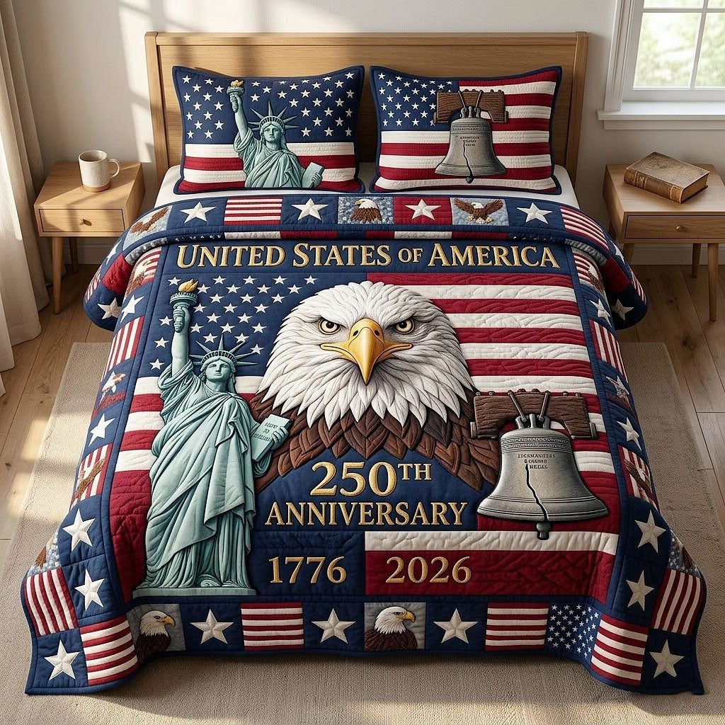 Heritage Patch Liberty Eagle Bell quilted 3-piece bedding set on a made bed in a warmly lit bedroom
