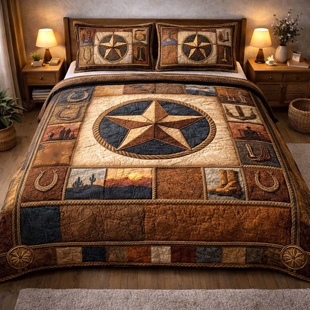 Heritage Patch Lone Star Leather quilted 3-piece bedding set on a made bed in a farmhouse bedroom