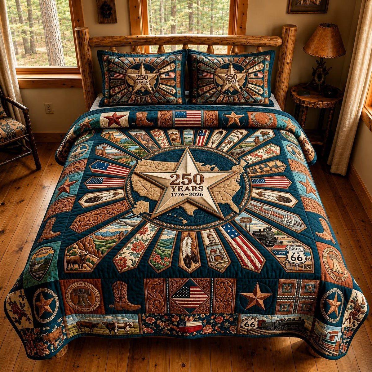 Heritage Patch Teal Rays quilted 3-piece bedding set on a made bed in a farmhouse bedroom