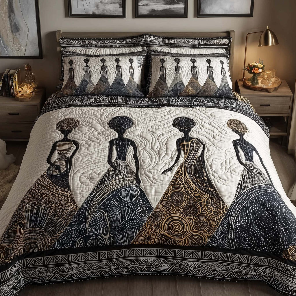 Heritage Soul Gowns Grey quilted 3-piece bedding set on a made bed in a farmhouse bedroom