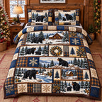 Hexagon Patchwork Black Bear quilted 3-piece bedding set on a made bed in a farmhouse bedroom