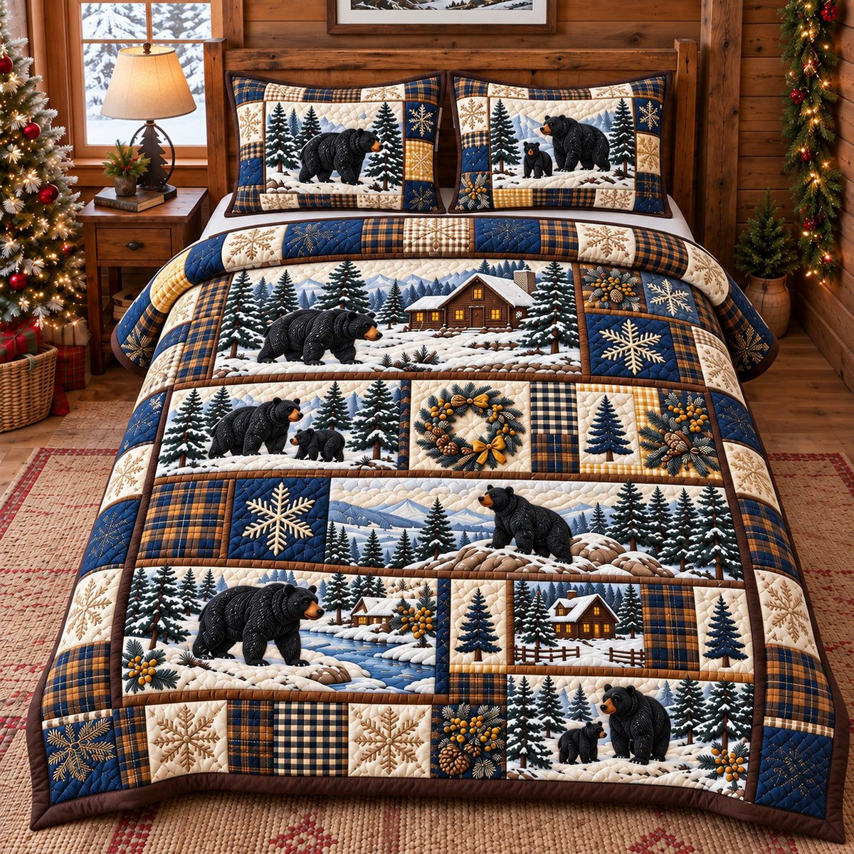 Hexagon Patchwork Black Bear quilted 3-piece bedding set on a made bed in a farmhouse bedroom