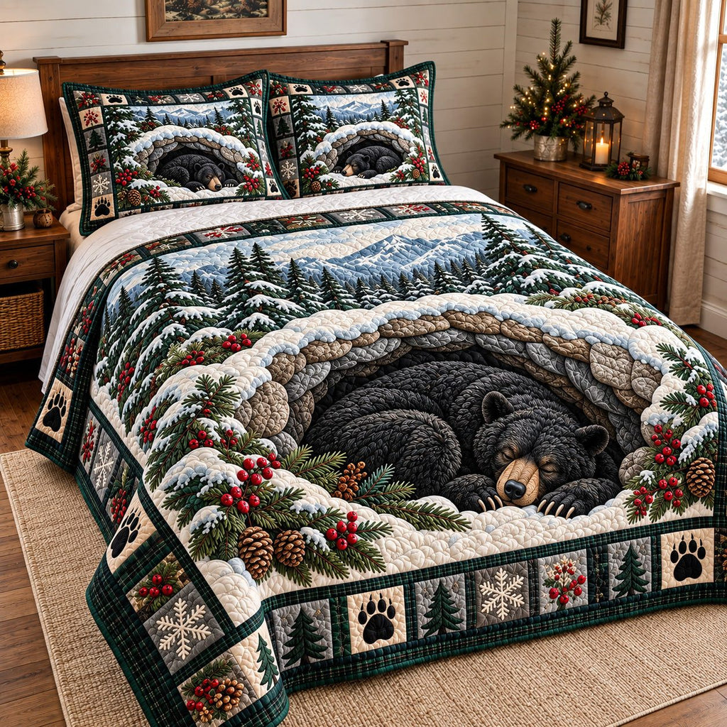 Hibernating Bear Den quilted 3-piece bedding set on a made bed with two matching pillow shams