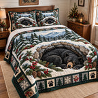 Hibernating Bear Den quilted 3-piece bedding set on a made bed with two matching pillow shams