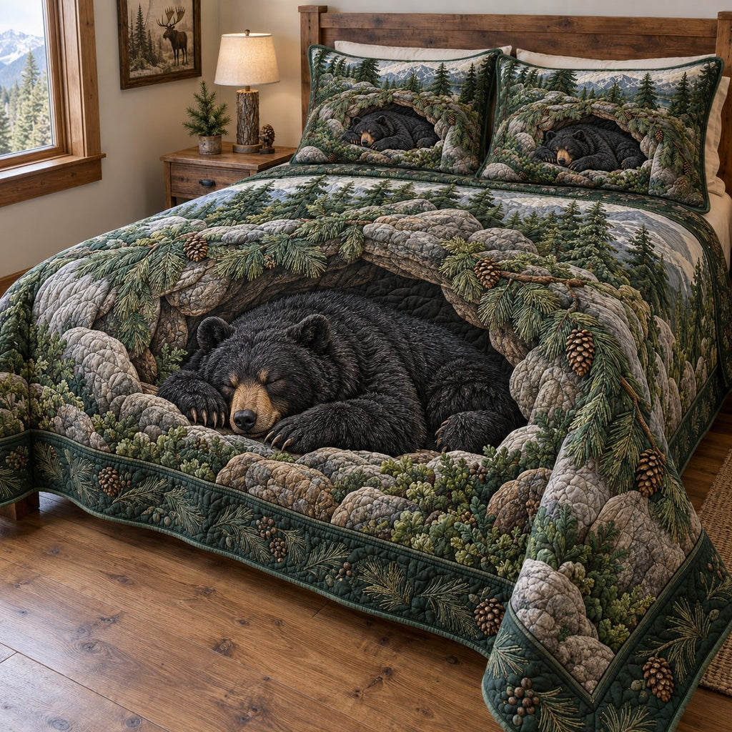 Hidden Bear Den quilted 3-piece bedding set on a made bed with two matching pillow shams