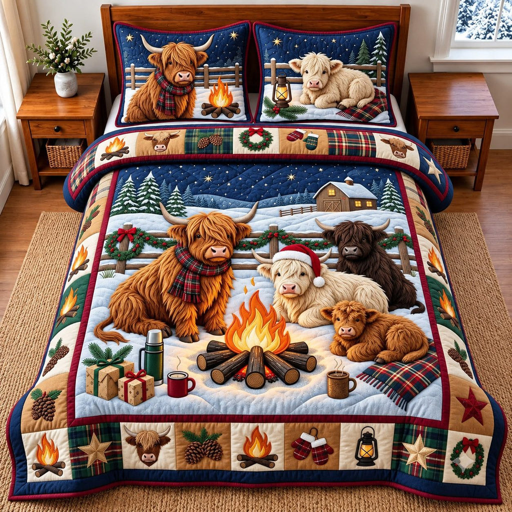 Highland Campfire quilted 3-piece bedding set on a made bed with two matching pillow shams