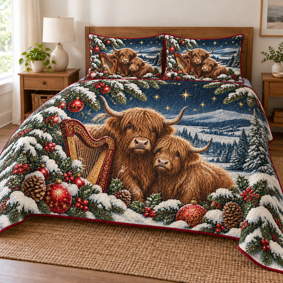 Highland Cow Crimson Harp printed Christmas quilt and two matching pillow shams; design mockup showing a flat printed depth effect.