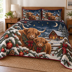 Highland Cow Moon Barn printed Christmas quilt and two matching pillow shams; design mockup showing a flat printed depth effect.