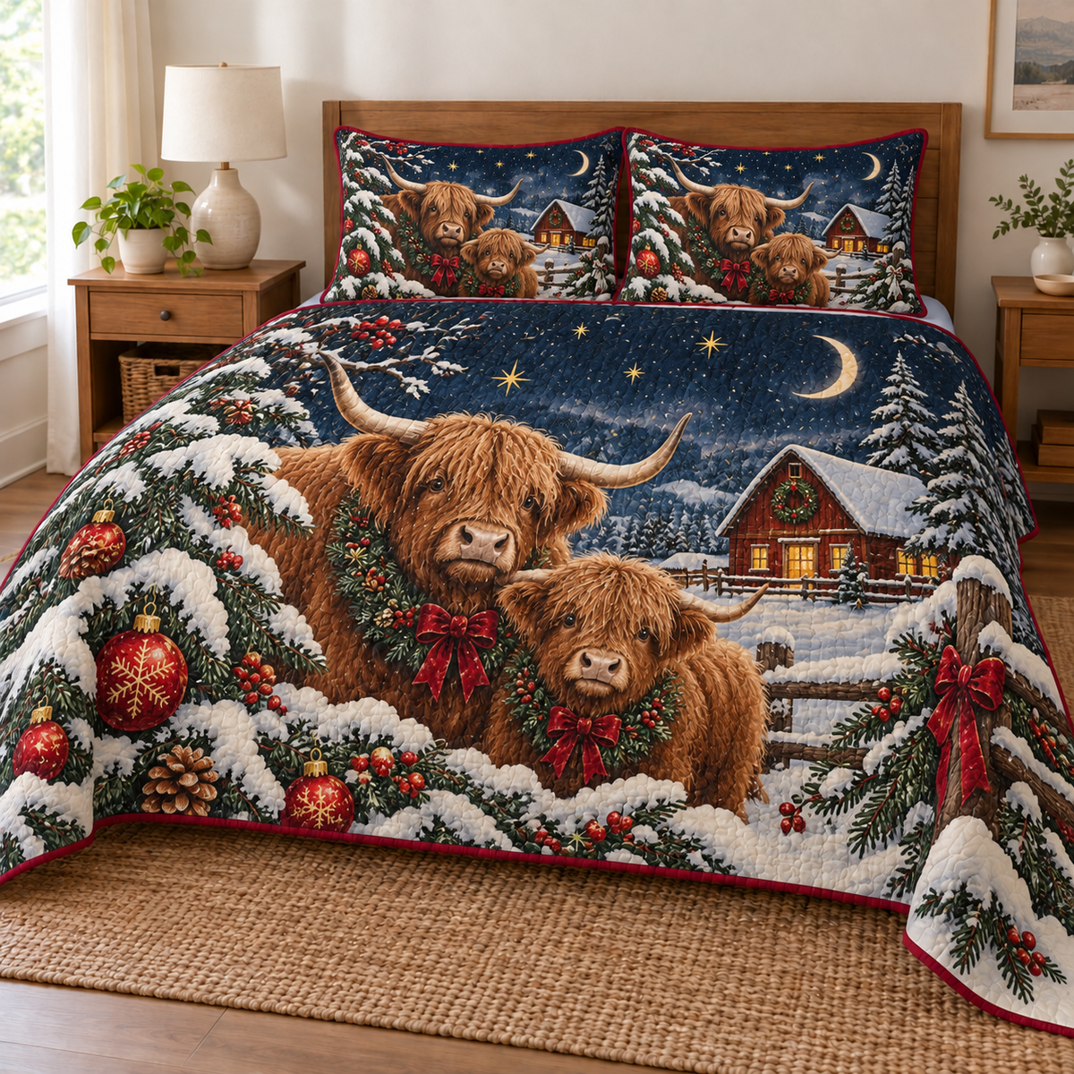 Highland Cow Moon Barn printed Christmas quilt and two matching pillow shams; design mockup showing a flat printed depth effect.