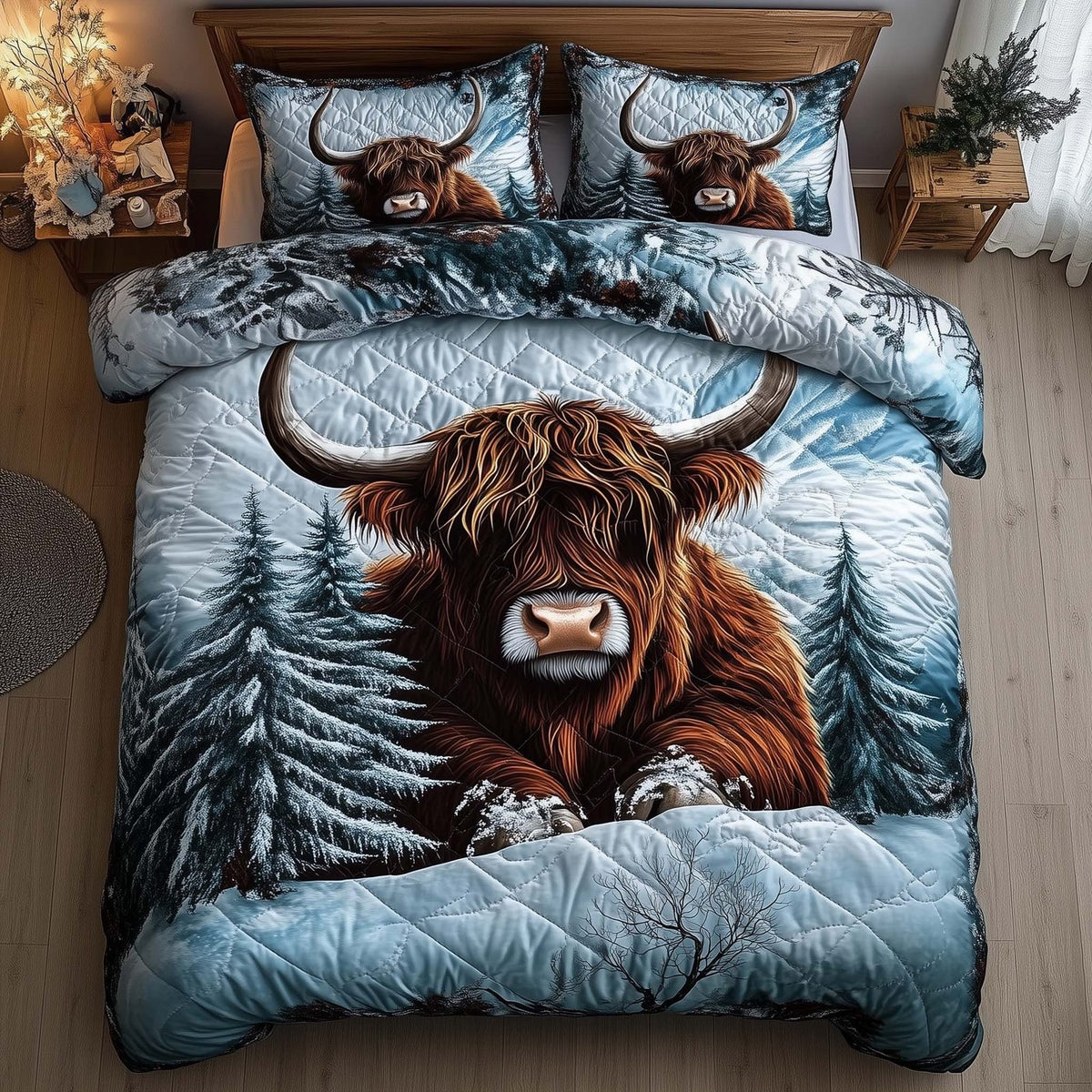 Highland Cow Snow Log quilted 3-piece bedding set on a made bed with two matching pillow shams