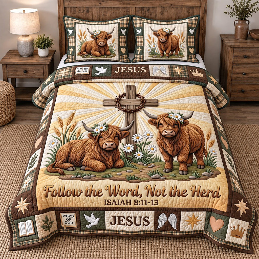 Highland Cows Cross quilted 3-piece bedding set on a made bed in a softly lit bedroom