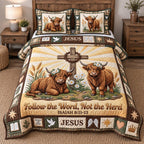Highland Cows Cross quilted 3-piece bedding set on a made bed in a softly lit bedroom