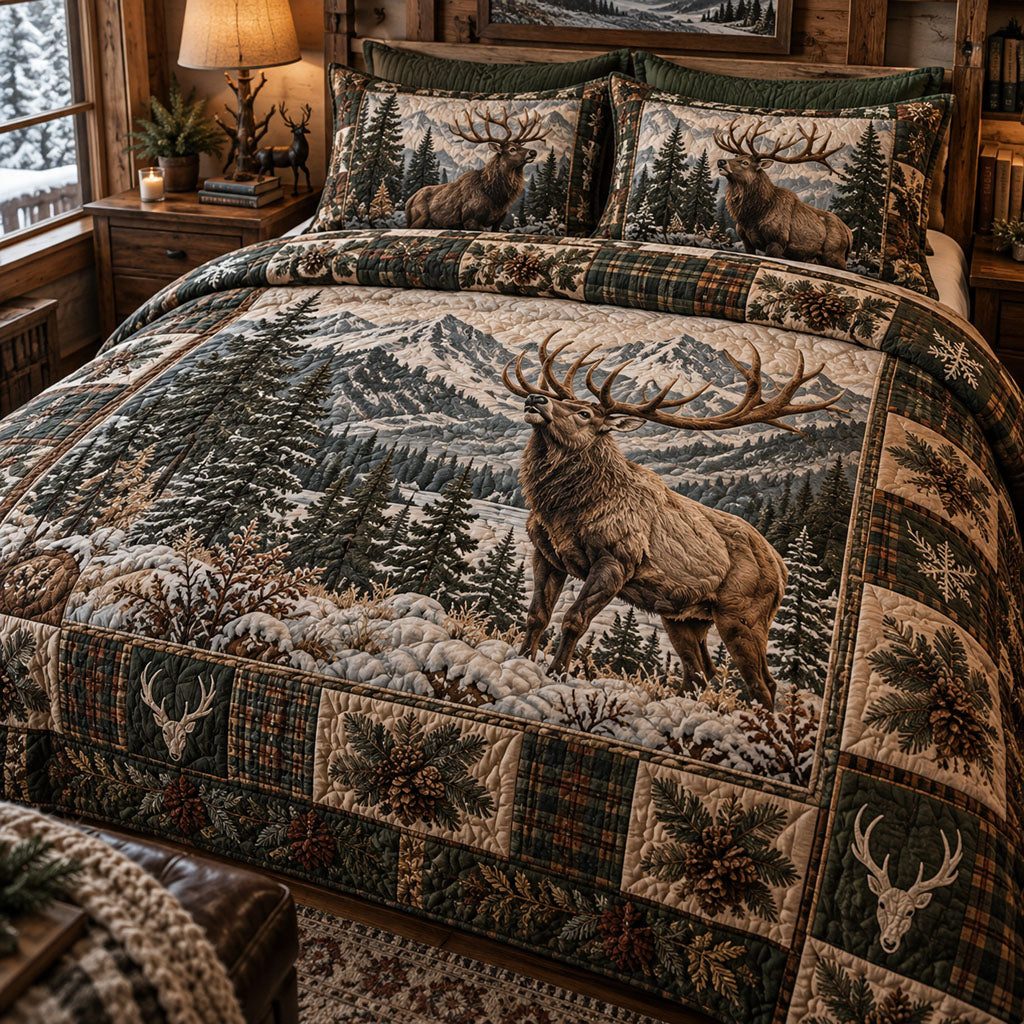 Highland Elk Haven quilted 3-piece bedding set on a made bed with two matching pillow shams