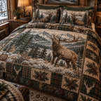 Highland Elk Haven quilted 3-piece bedding set on a made bed with two matching pillow shams