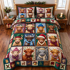 Highland Patchwork quilted 3-piece bedding set on a made bed in a farmhouse bedroom
