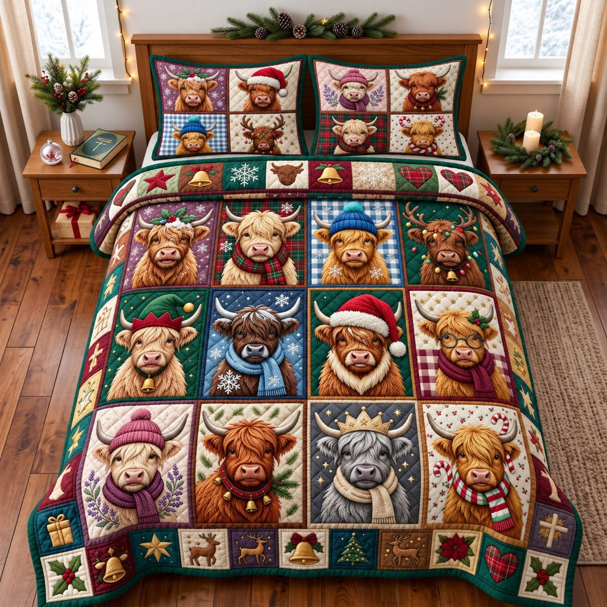 Highland Patchwork quilted 3-piece bedding set on a made bed in a farmhouse bedroom