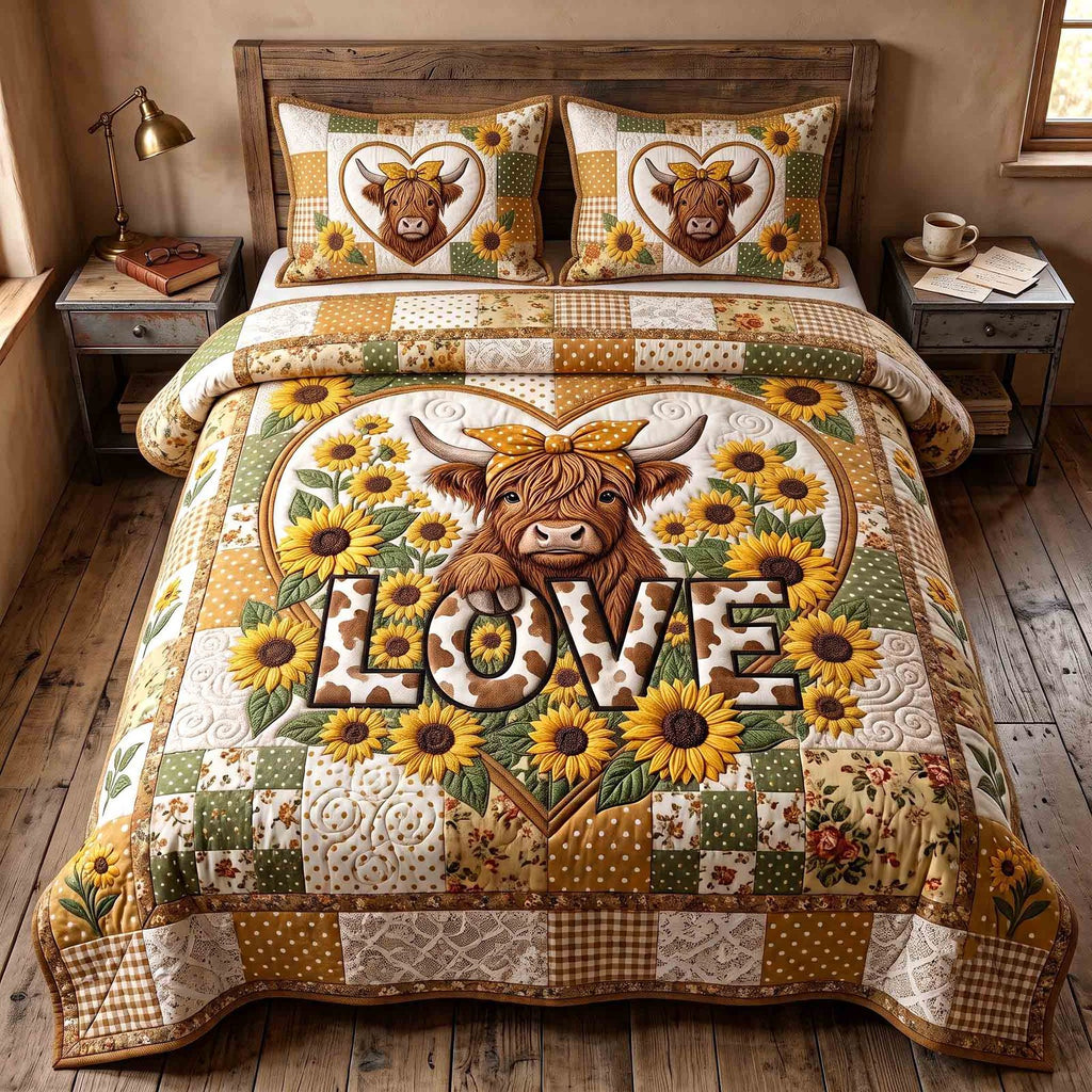 Highland Sunflower quilted 3-piece bedding set on a made bed with two matching pillow shams
