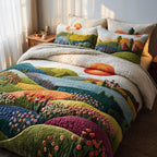 Hillside Serenity Sunrise quilted 3-piece bedding set on a made bed with two matching pillow shams