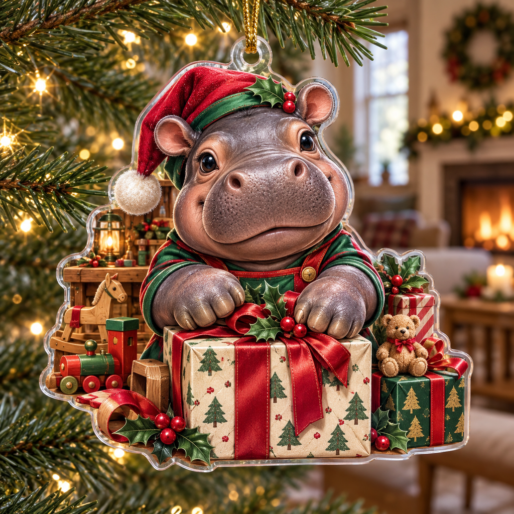 Hippopotamus Acrylic Christmas Ornament — digital product visualization