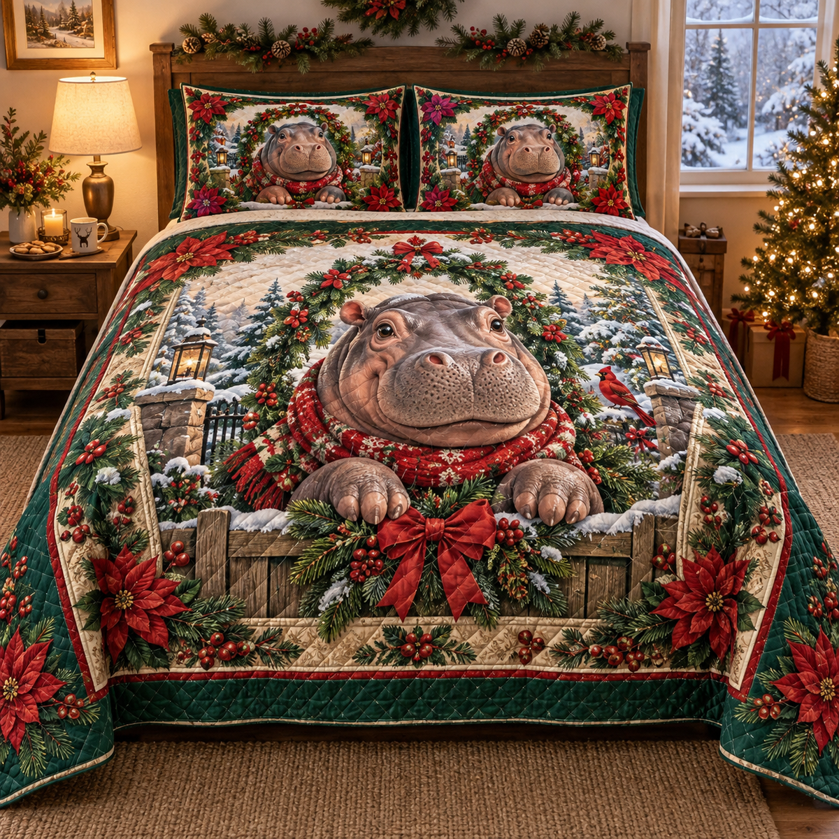 Hippopotamus Christmas 3-Piece Quilted Bedding Set — digital product visualization