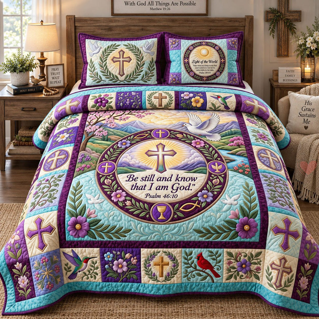 His Grace And Peace quilted 3-piece bedding set on a made bed with two matching pillow shams