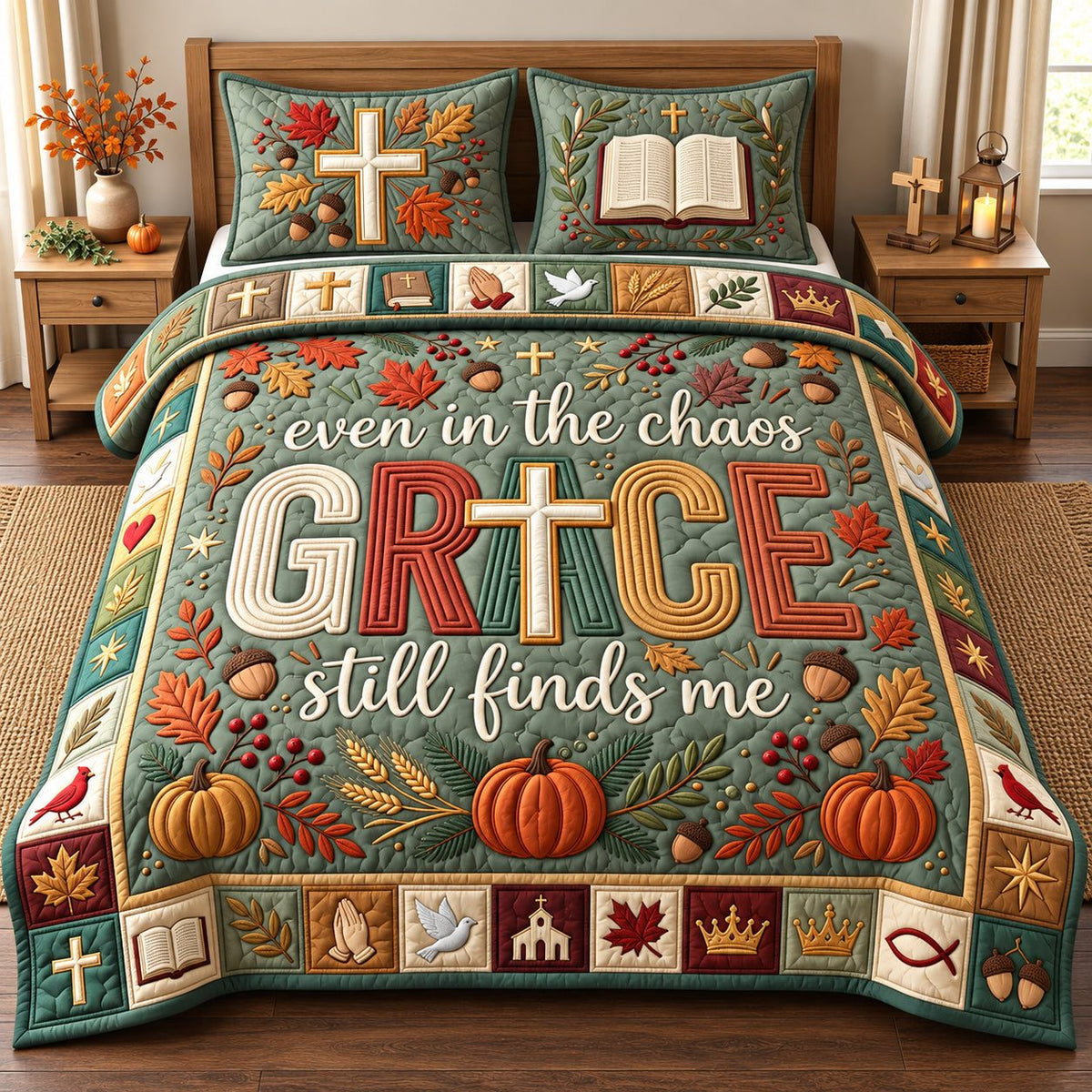 His Grace Still Find Me quilted 3-piece bedding set on a made bed with two matching pillow shams