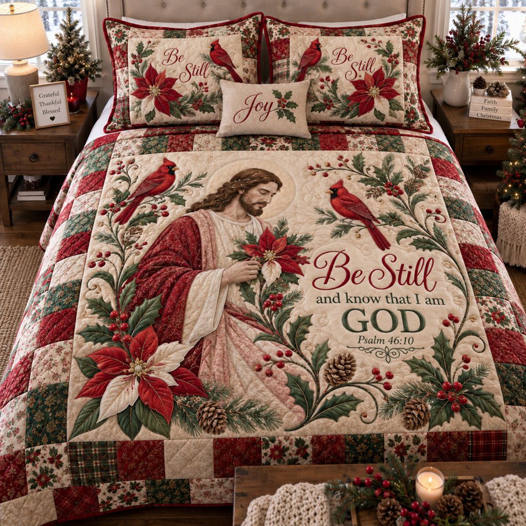 His Light Guides Me quilted 3-piece bedding set on a made bed with two matching pillow shams