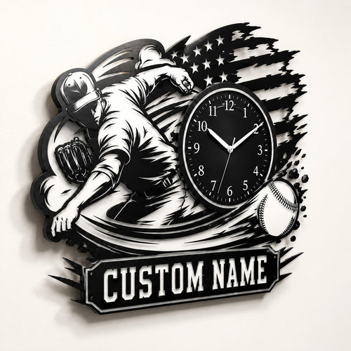 Baseball pitchers Custom Name Wall Clock — personalized with a custom name