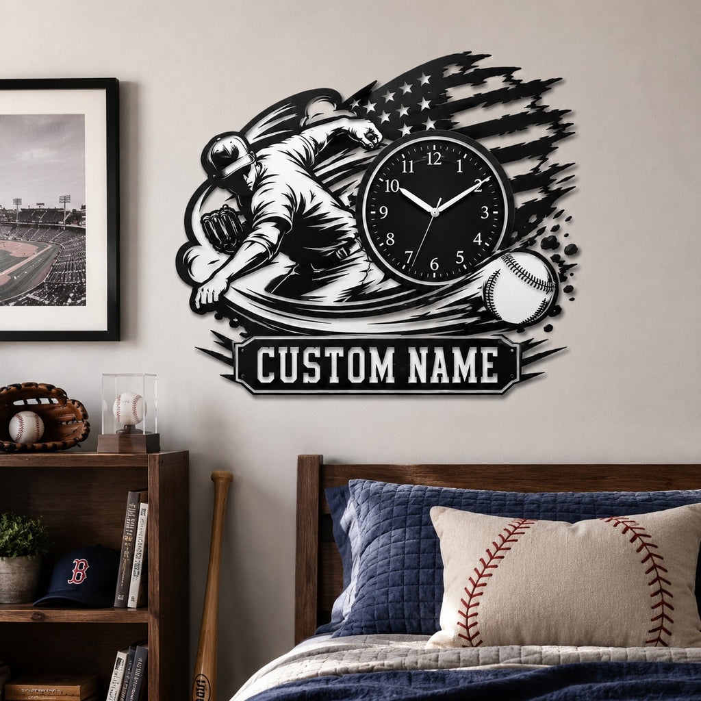 Baseball pitchers Custom Name Wall Clock — personalized with a custom name