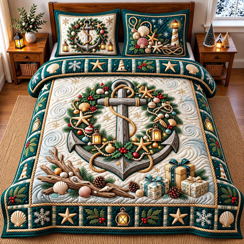 Holiday Anchor quilted 3-piece bedding set on a made bed in a winter-styled bedroom
