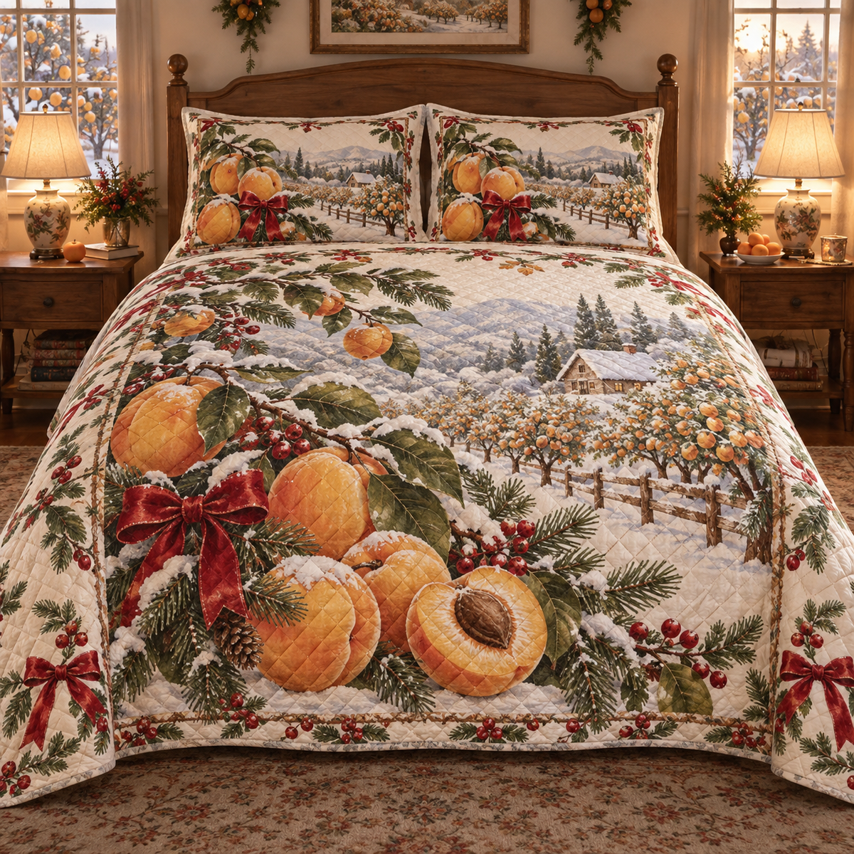 Holiday Apricot Christmas 3-Piece Quilted Bedding Set — digital product visualization