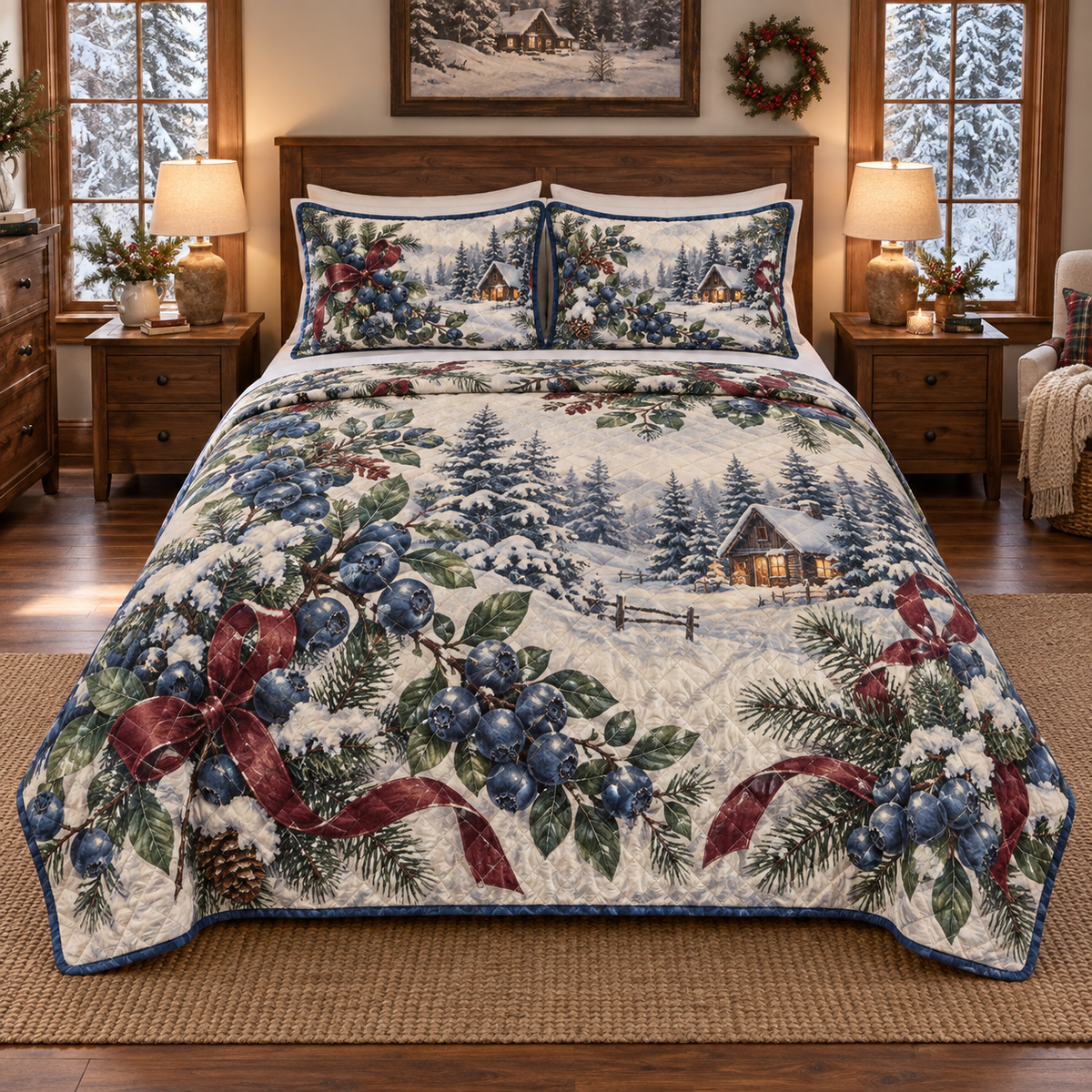 Holiday Bilberry Christmas 3-Piece Quilted Bedding Set — digital product visualization
