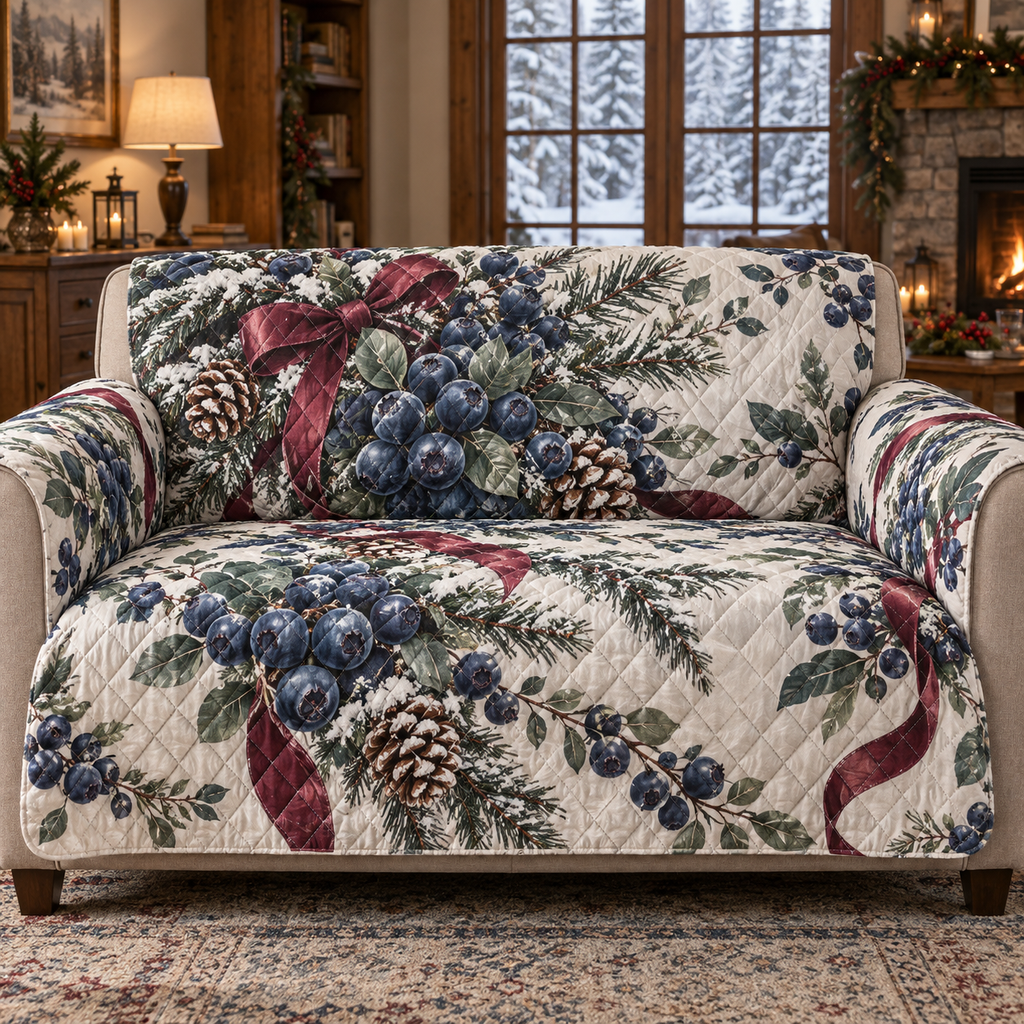 Holiday Bilberry Christmas Quilted Sofa Cover — digital product visualization