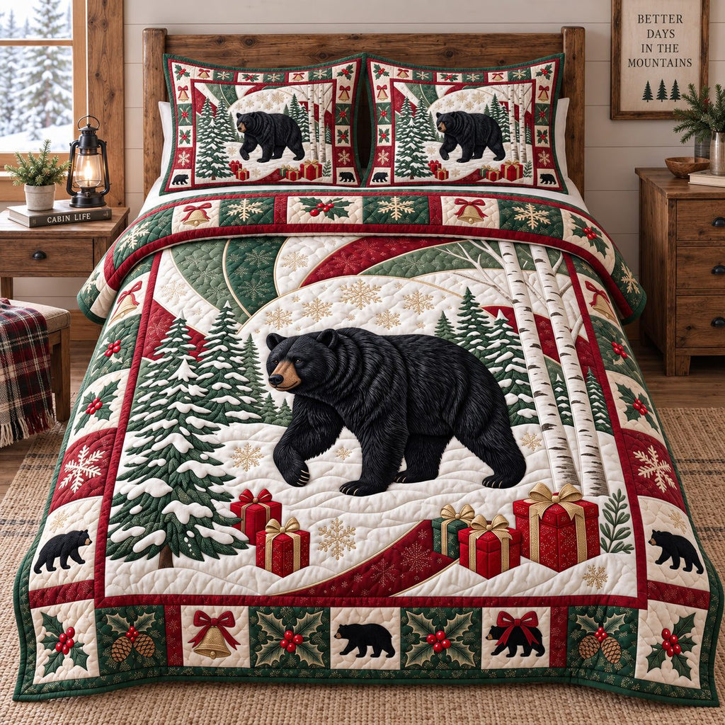 Holiday Black Bear quilted 3-piece bedding set on a made bed in a winter-styled bedroom