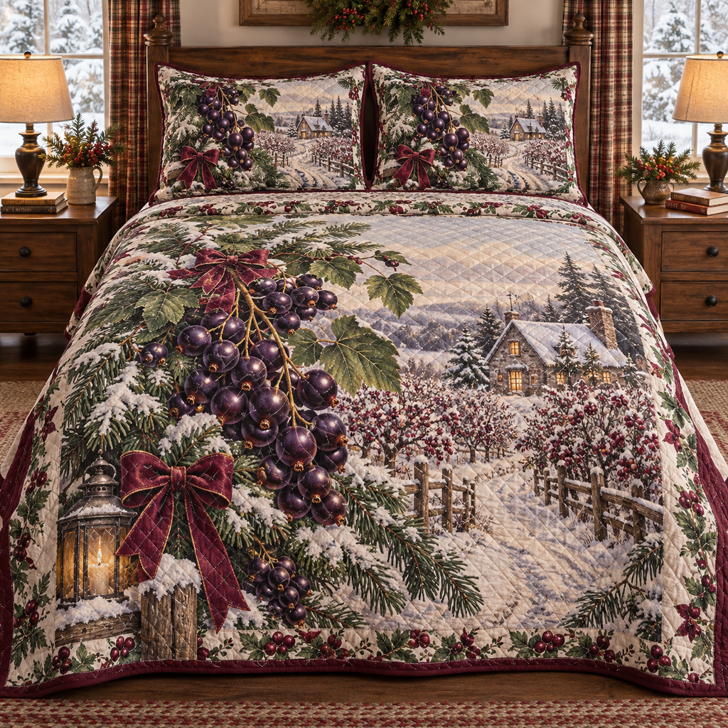 Holiday Blackcurrant Christmas 3-Piece Quilted Bedding Set — digital product visualization