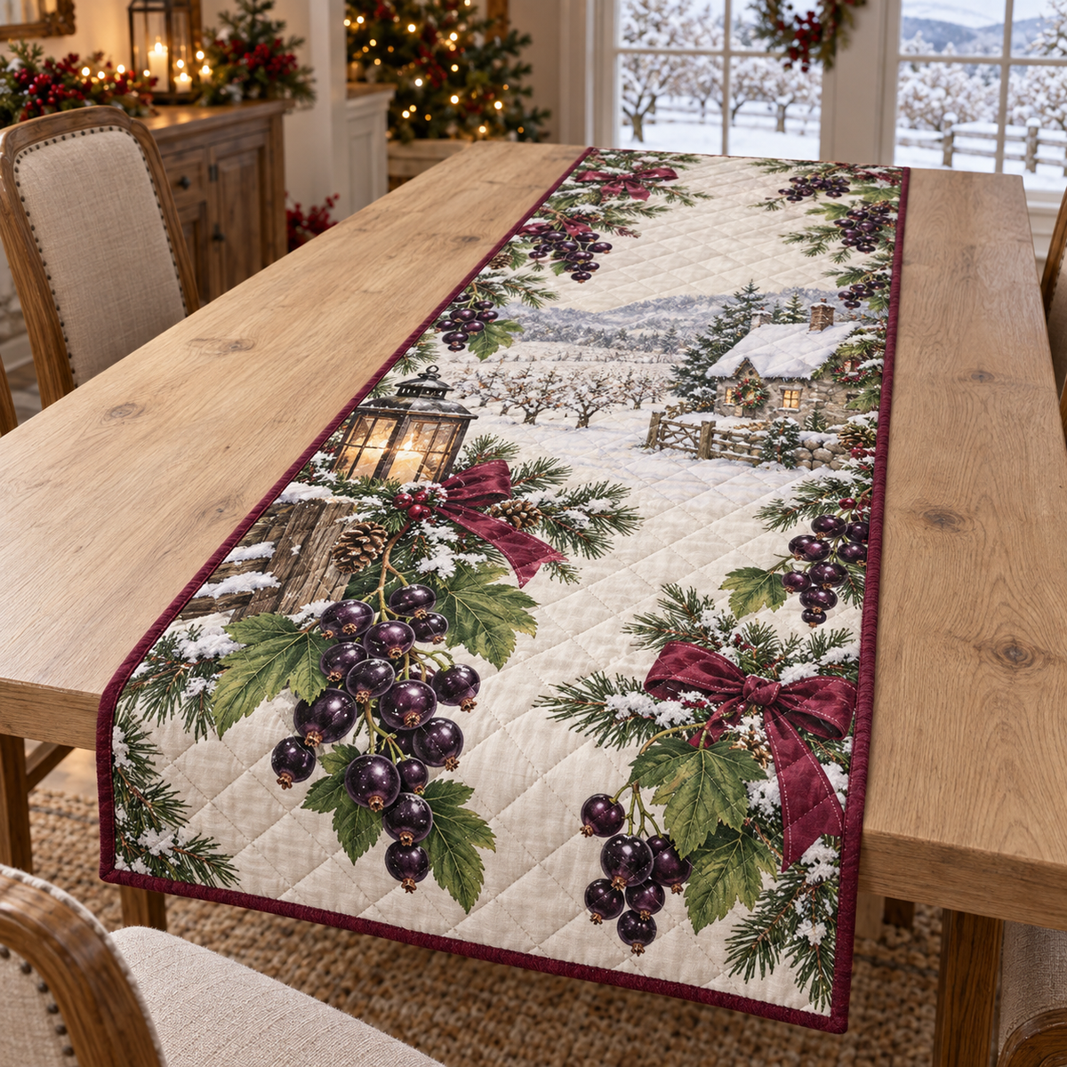 Holiday Blackcurrant Christmas Quilted Table Runner — digital product visualization