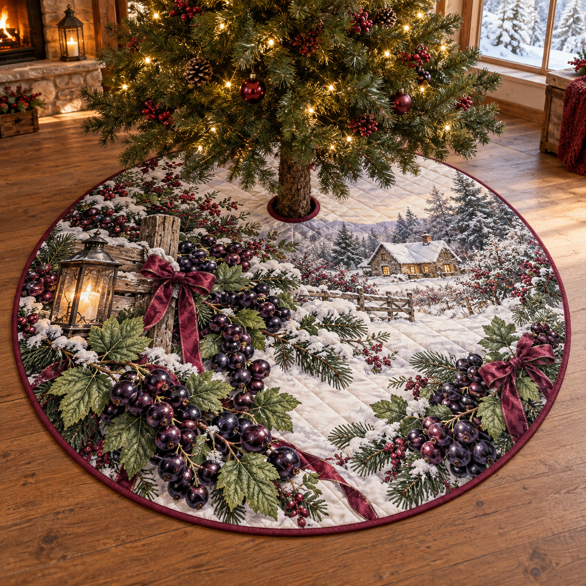 Holiday Blackcurrant Quilted Christmas Tree Skirt — digital product visualization