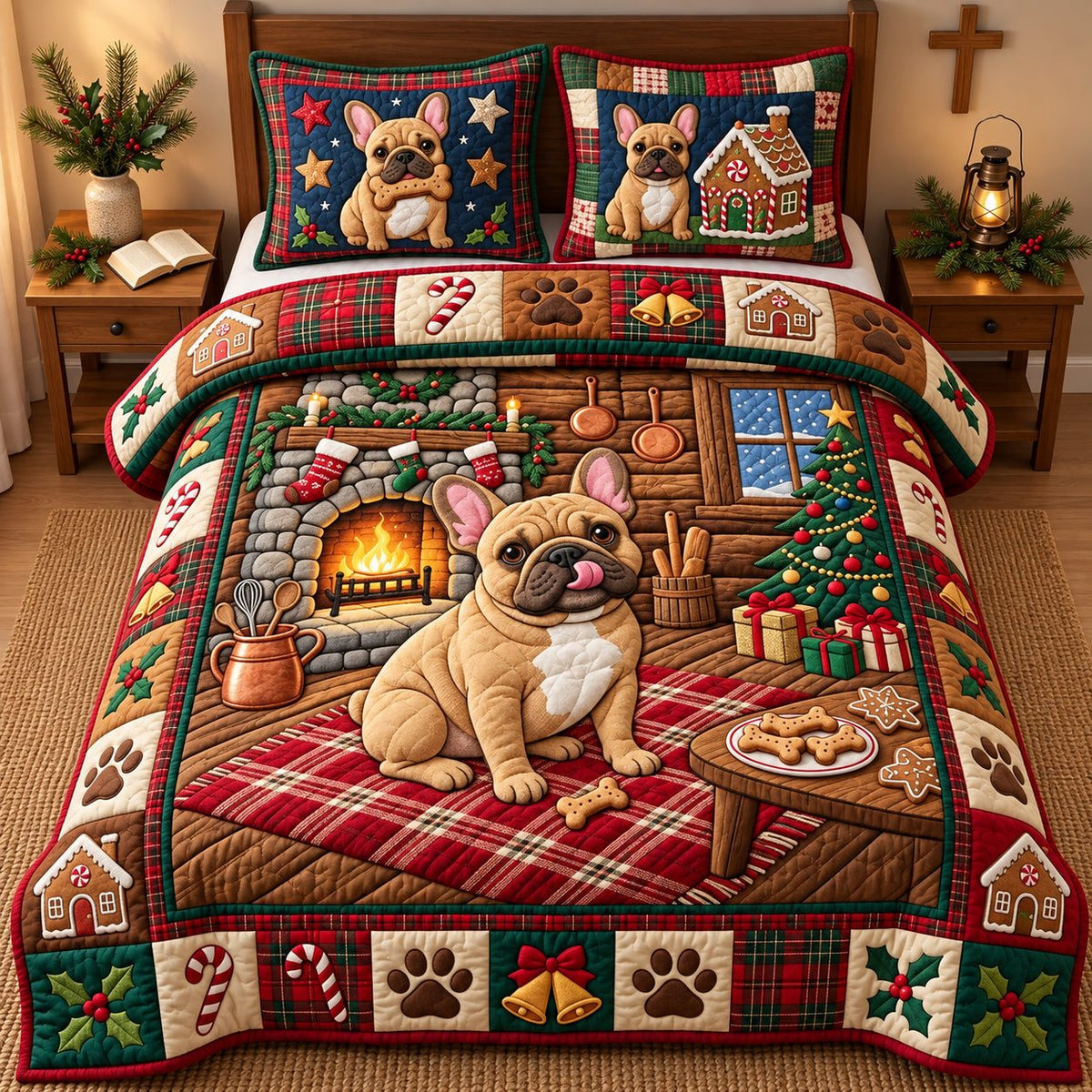 Holiday Bulldog quilted 3-piece bedding set on a made bed in a winter-styled bedroom