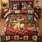 Holiday Bulldog quilted 3-piece bedding set on a made bed in a winter-styled bedroom