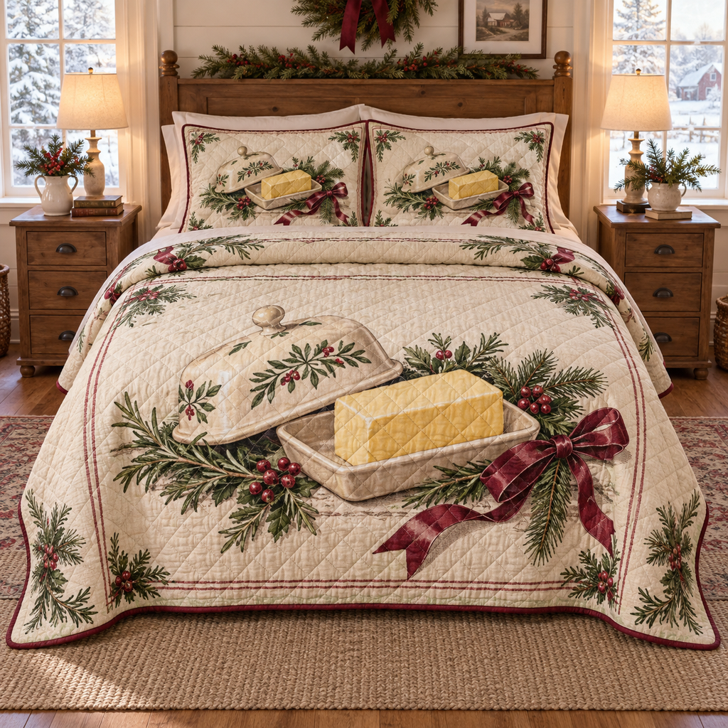 Holiday Butter Dish Christmas 3-Piece Quilted Bedding Set — digital product visualization