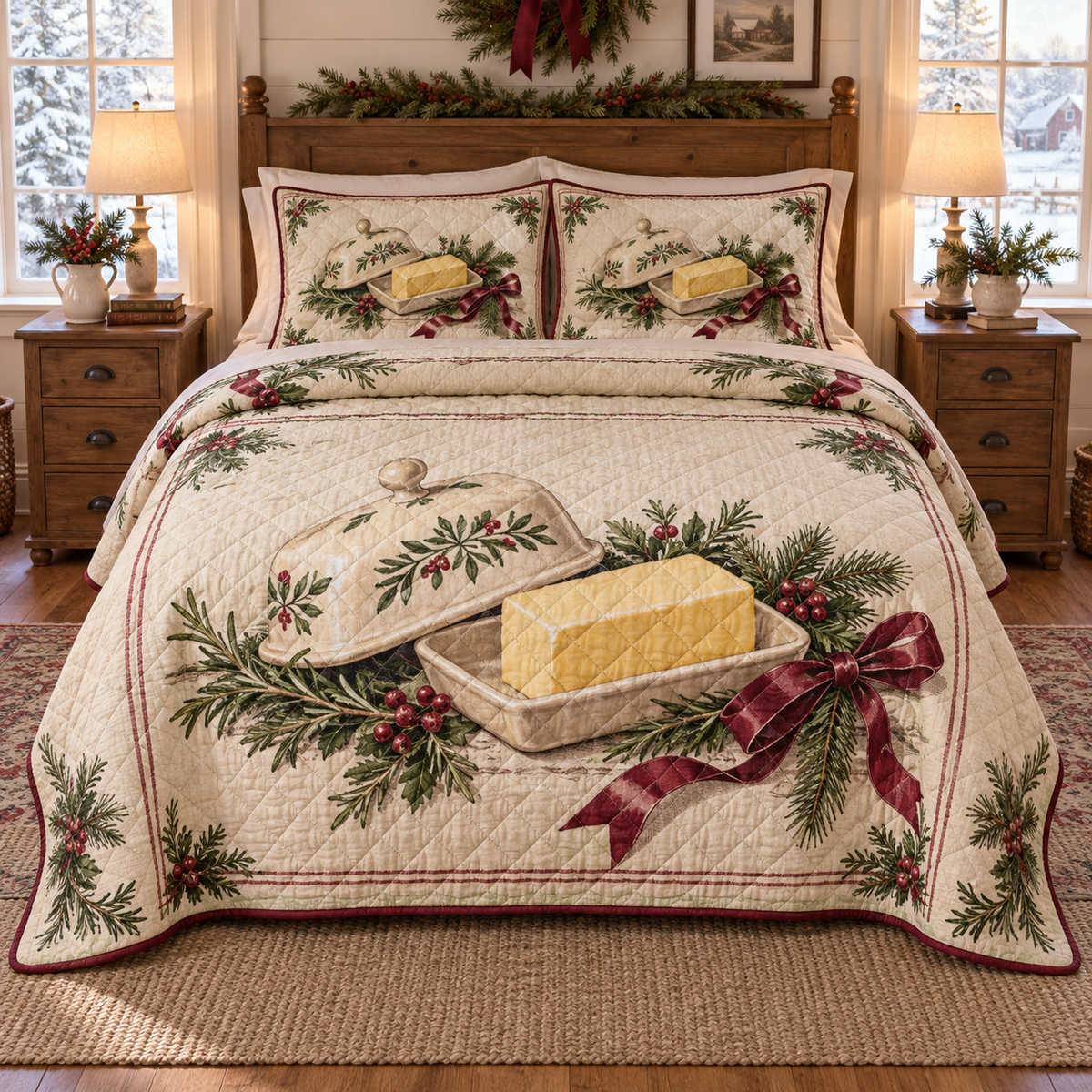 Holiday Butter Dish Christmas 3-Piece Quilted Bedding Set — digital product visualization