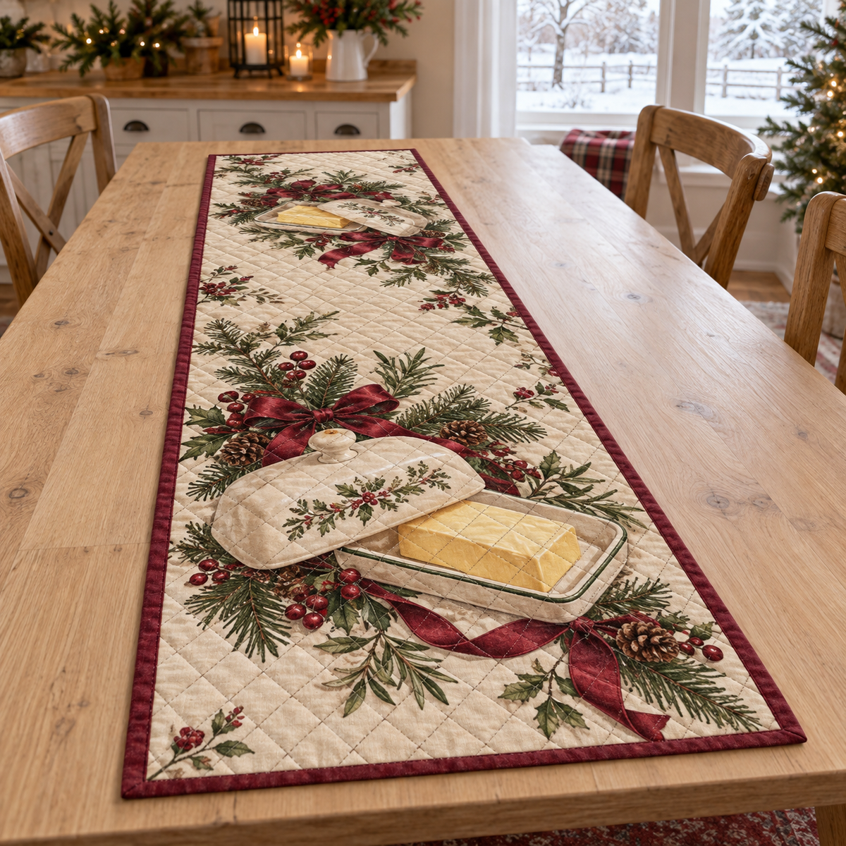 Holiday Butter Dish Christmas Quilted Table Runner — digital product visualization