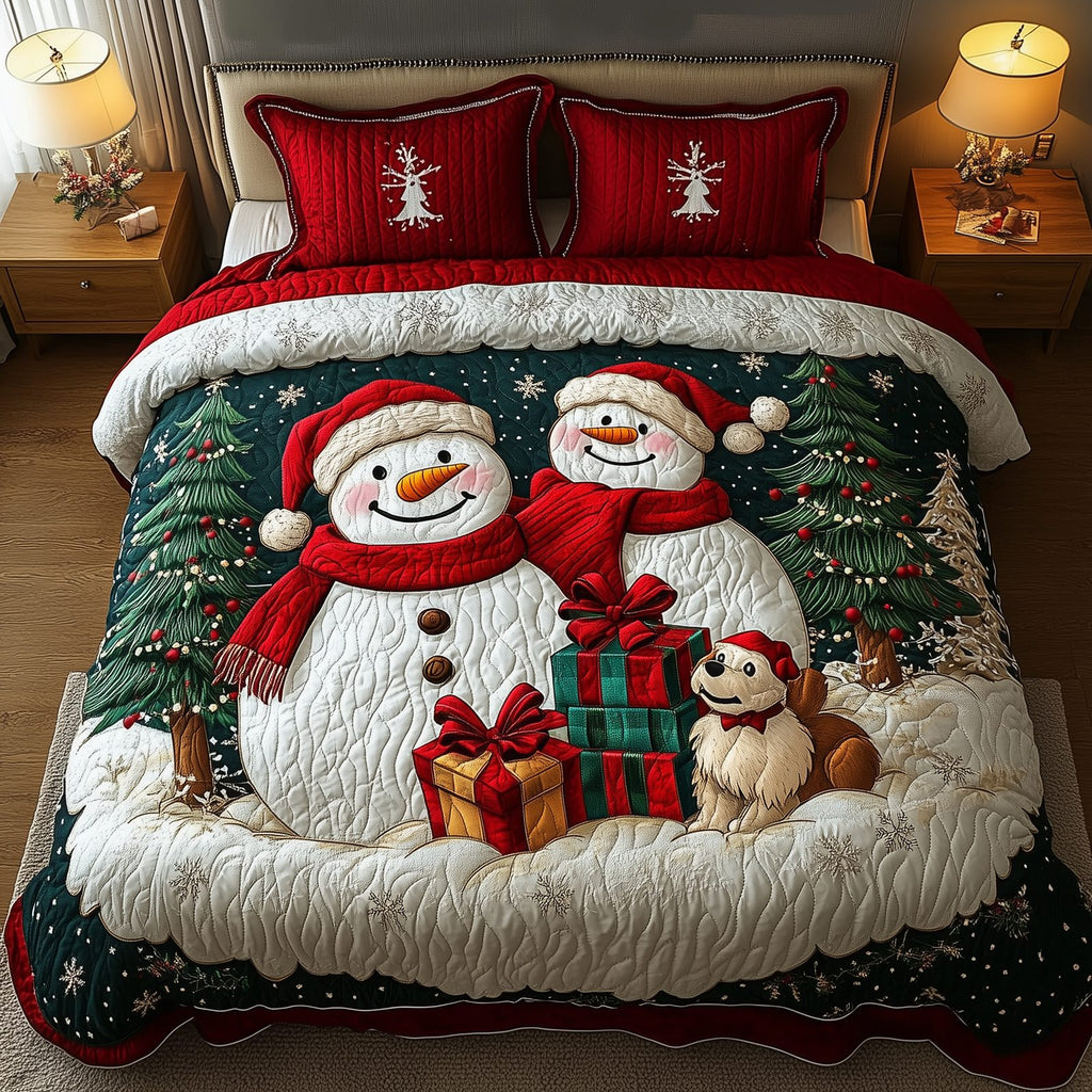 Holiday Cheerful Snowman Dog quilted 3-piece bedding set on a made bed in a winter-styled bedroom