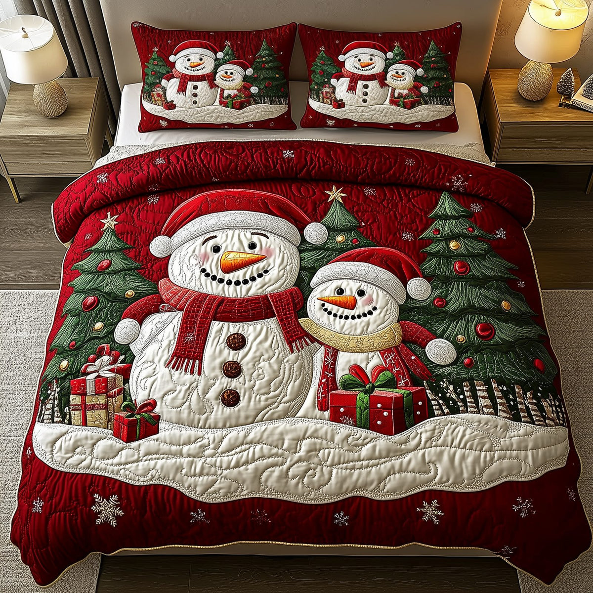 Holiday Cheerful Snowman Pair quilted 3-piece bedding set on a made bed in a winter-styled bedroom