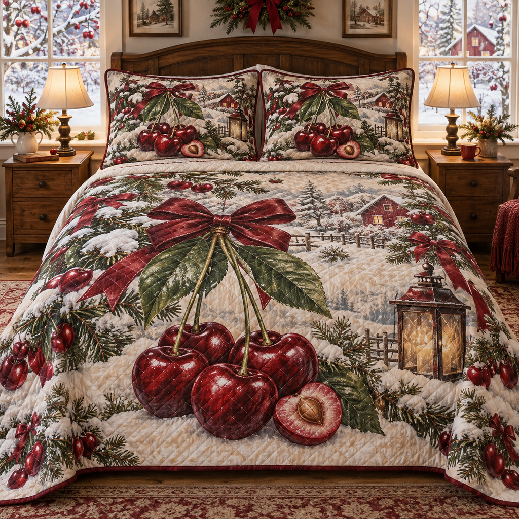 Holiday Cherry Christmas 3-Piece Quilted Bedding Set — digital product visualization