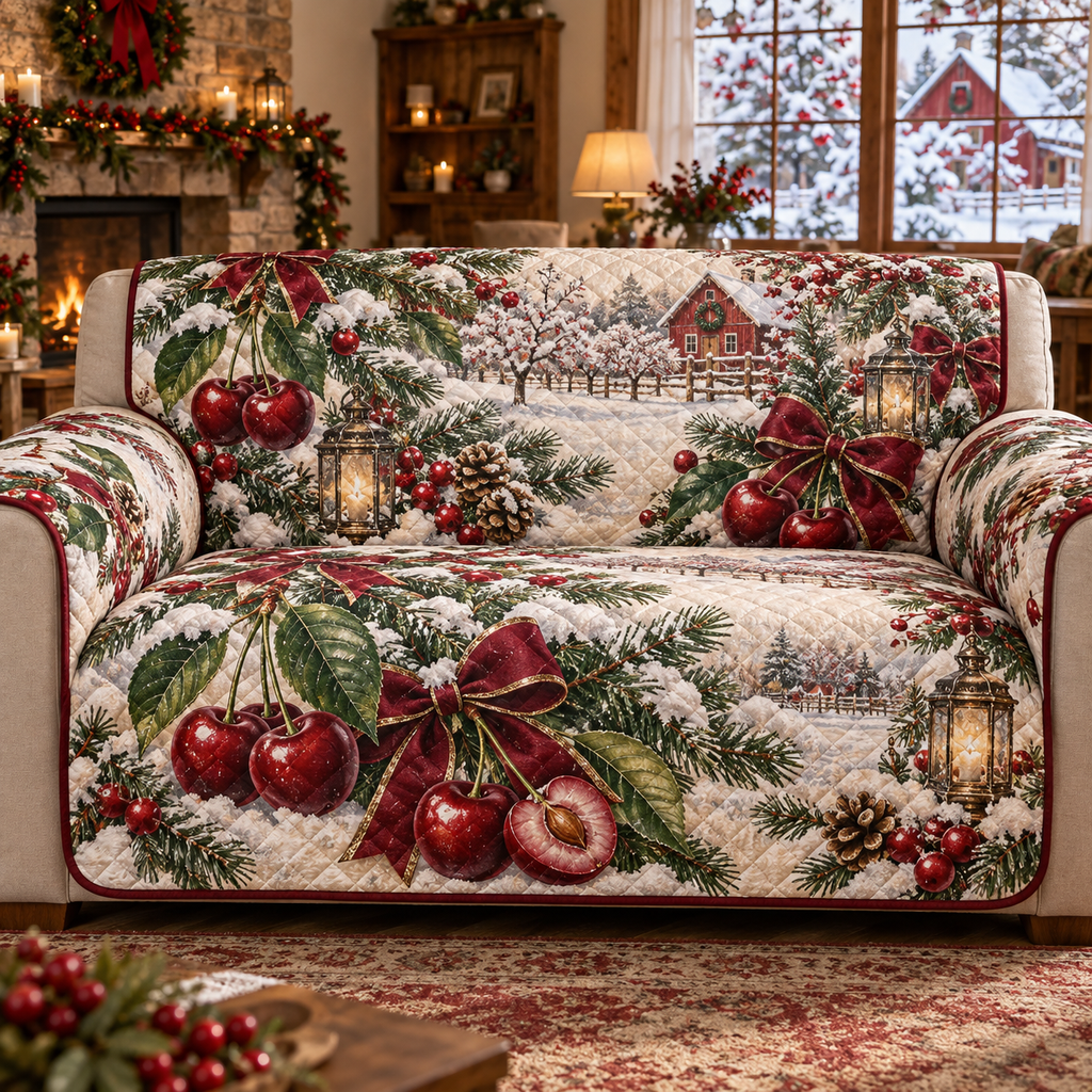 Holiday Cherry Christmas Quilted Sofa Cover — digital product visualization