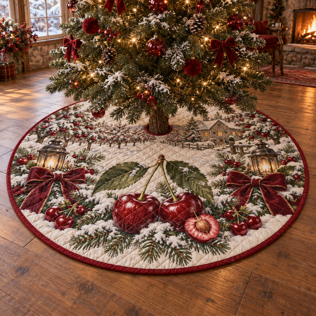 Holiday Cherry Quilted Christmas Tree Skirt — digital product visualization