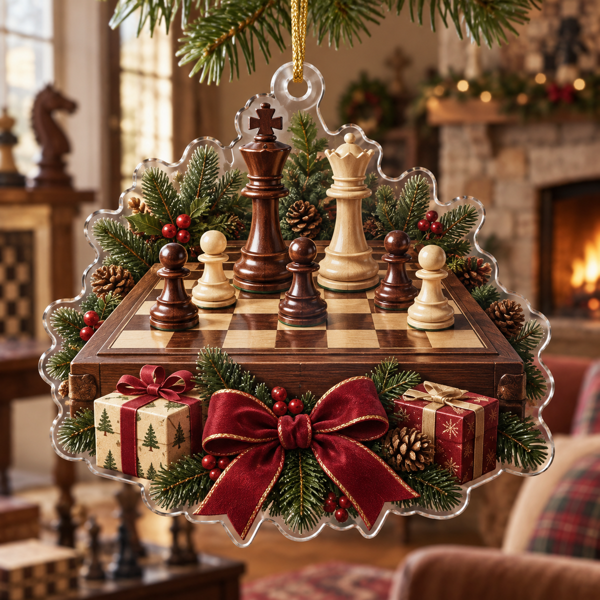 Holiday Chess Acrylic Christmas Ornament — digital product visualization