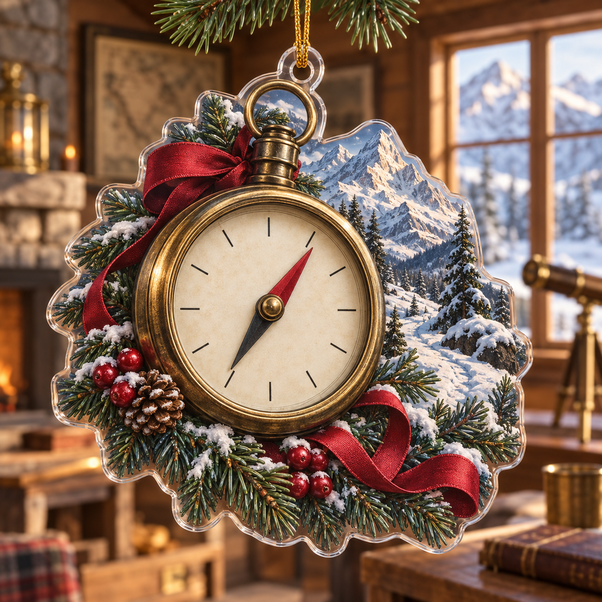 Holiday Compass Acrylic Christmas Ornament — digital product visualization