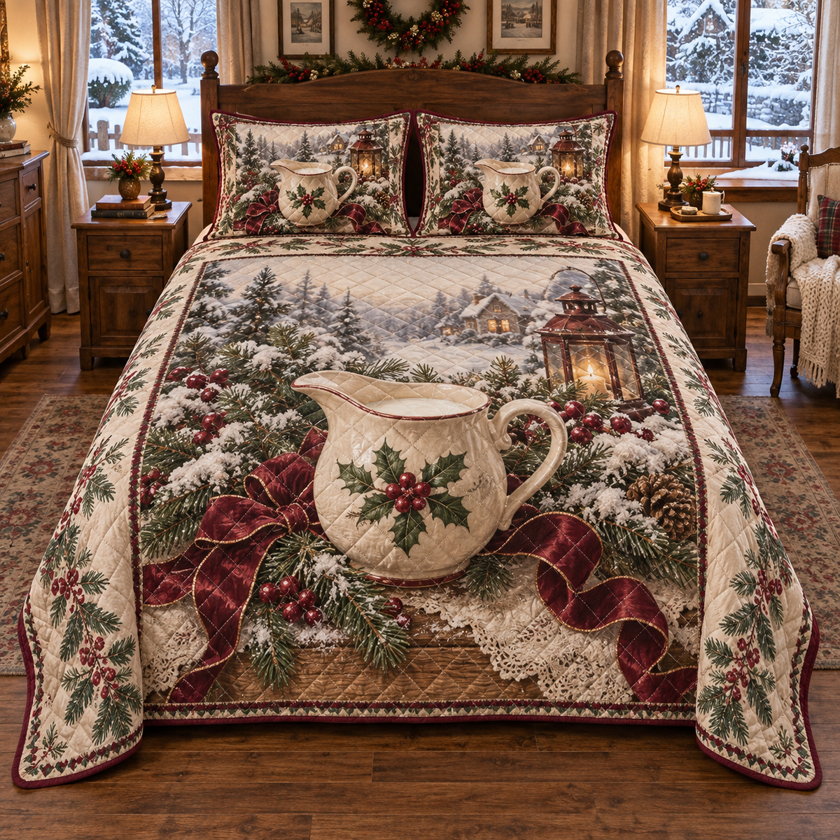 Holiday Creamer Christmas 3-Piece Quilted Bedding Set — digital product visualization